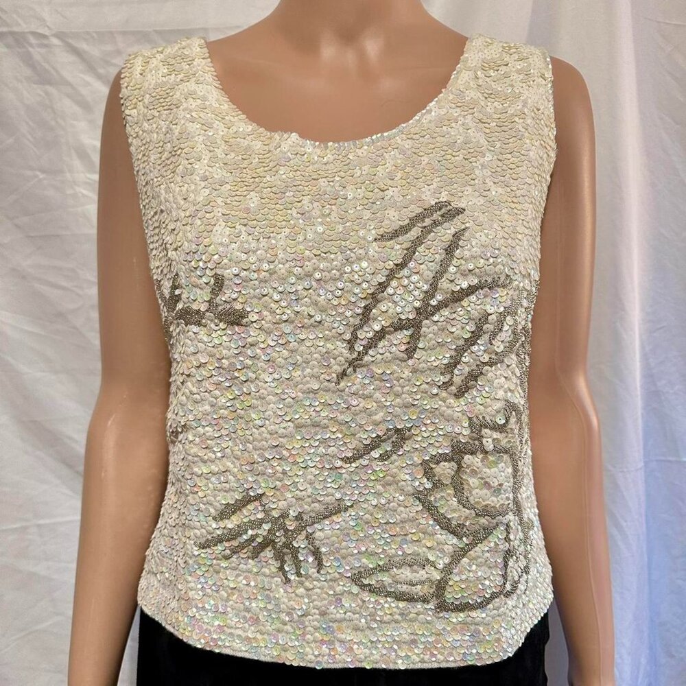 Vintage ivory/white beaded/sequined tank size S gorgeous beadwork